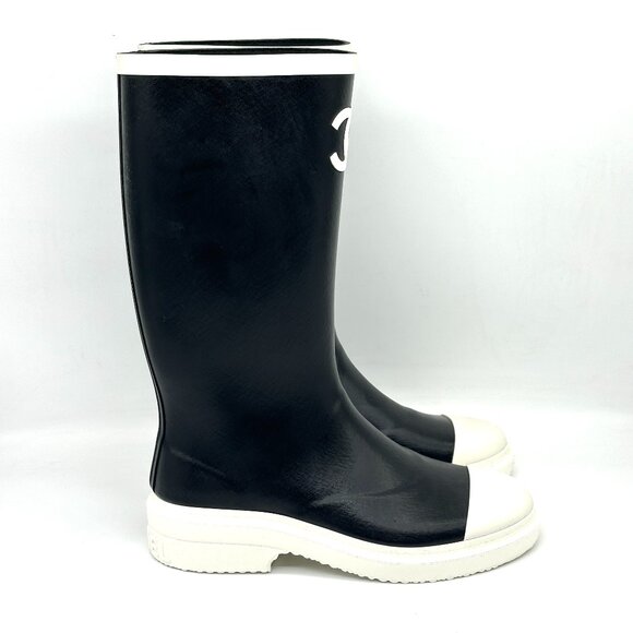 CHANEL 26C Rubber PVC CC Logo Two Tone Rainboots Rain Boots Black White - Picture 7 of 12
